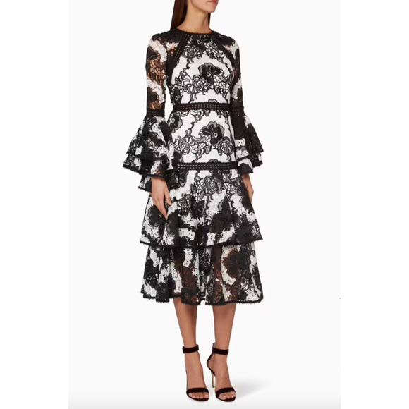 NWT Alexis Nalani Midi Dress Womens Small Black & White Fully Laced Bell Sleeves